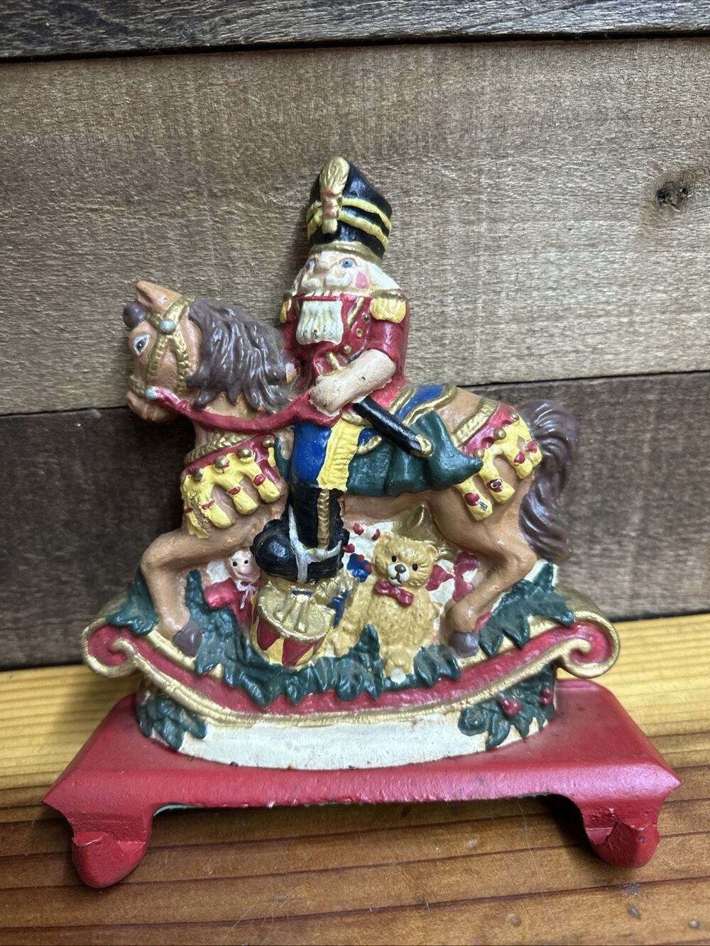 Cast Iron Christmas stocking hanger Nutcracker rocking horse double hook